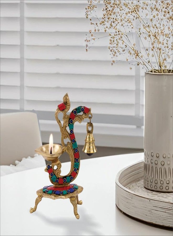 DEVDECOR Brass Peacock Design Diya with Bell - Gemstone Work Ethnic Antique Oil Lamp | Traditional Brass Diya for Home Temple Décor, Pooja Room & Festival Decoration, Standard Size, Pack of 1 - Image 1